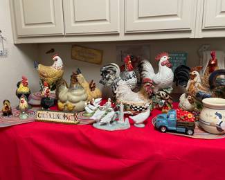 Vintage ceramic roosters, chickens, and farmhouse decor