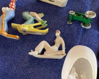 Vintage 1940's German porcelain miniature skiing figurines. Peruvian mini nativity scene, Matchbox Massey Harris Green Farm Tractor