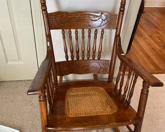 Vintage Cane Seat Press Back Bentwood Arm Rocking Chair - Circa Early 20th Century 