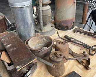 Vintage rustic hanging cast iron scale weights, Deist Lanterns, many antique cast iron items