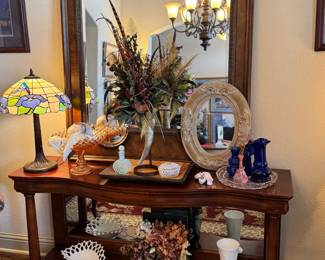 Large Ornate Carved Mirror, Fenton Glass, Milk Glass, Sensational Display table. (Tiffany style lamp not available)
