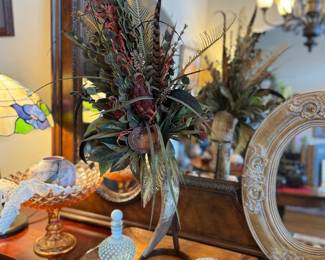 Exquisite horn floral arrangement. Fenton Hobnail Opalescent Milk Glass, Westmoreland Golden Sunset Orange Sawtooth flared compote