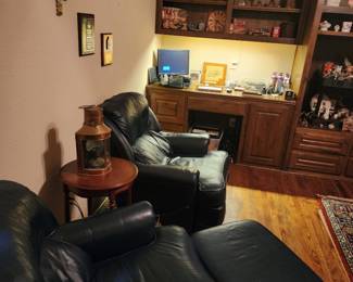 Leather chairs & ottoman, Copper railroad lantern 
