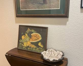Drop leaf side table, Vintage 1940's Fruit Still life print, Texas Artist George Boutwell "November Watch" signed limited edition print.  