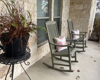 Acacia Wooden Rocking Chairs & Wrought Iron Plant Stands 