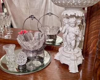 Waterford Glass - Cut Glass Brides Basket - Porcelain Cherub Centerpiece