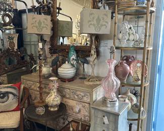 19th Century giltwood and polychromed arched mirror; Painted bedside chest; Gueridon accent table; Handpainted commode, and more