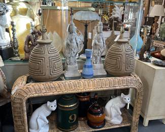 Vintage woven wicker sofa table console; Pair of pottery mid-century-modern lamps; 19c. tole teacan, Vintage pottery blanc-de-chine cats, and more