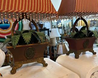 Pair of painted tole cachepot lamps with gilt accents
