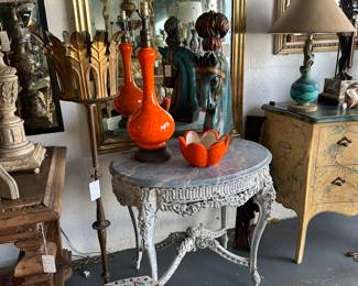 Painted oval occasional table, with carved apron and faux marble top; vintage brass mirror; Chinese porcelain garden seat; and more...