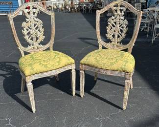 Pair of painted Italian side chairs, newly upholstered with Fortuny-esque damask.