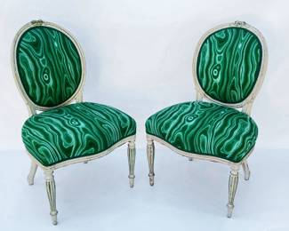 Pair of early 20th century painted Italian side chairs in malachite fabric. 
