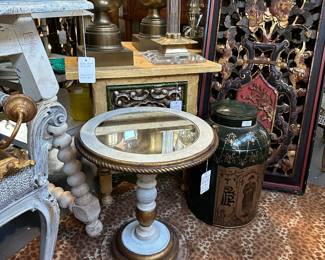 Vintage painted and parcel gilt Italian accent table, inset mirror top, Lucite base; Pair of painted and parcel gilt pierced Asian call panels; 19th Century tea can; Pair of brass urn-form lamps by Chapman; Louis XV style painted window seat bench; and more