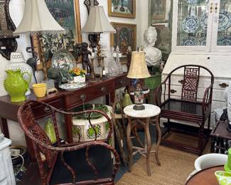 Pair 19th Century English colonial Chinese Horseshoe Back Armchairs; 19th Century painted secretaire; Arched birdcage wall panel; Sevres bust of Marie Antoinette; Mahogany breakfront console server; and more.