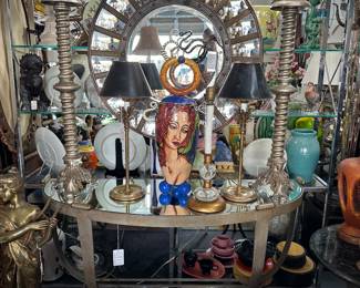 Silver metal demilune console table with mirrored top; and more...