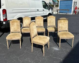 Set of six painted and parcel, silvergilt Louis XVI style dining room chairs