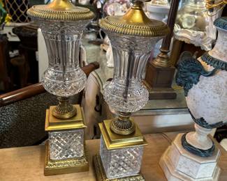 Pair of cut crystal, urn-form lamps on plinth bases