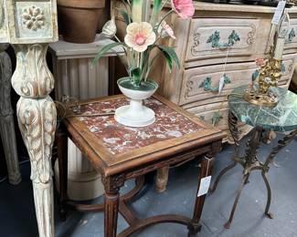 Walnut Louis XVI accent table; vintage single Italian tole floral lamp; and more...