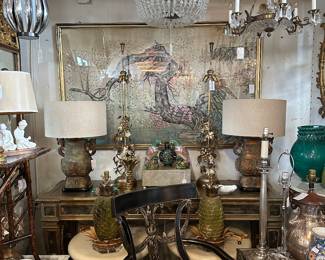 Handpainted Chinese framed panel, Pair of black lacquered and silvergilt Italian armchairs; Pair of Karl Springer "mushroom" round end tables; James Mont table lamps, and more