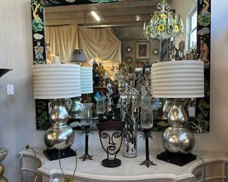 Reverse painted vintage overmantle mirror; Pair of silvergilt bulbous table lamps; Painted credenza, and more