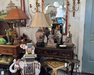 19th Century English lacquer tea table; Glazed terracotta elephant stands (large and small); Pair of Duke of Windsor plume sconces; 19th Century Chinese pottery ginger jar lamp; Painted Italian accent table; and more