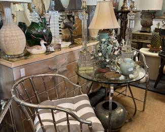 Grosfeld House vintage dresser with eglomise top, Pair of chrome faux bamboo chairs; Chrome and brass occasional table, glass top, Pair of Paul Hansen glass column lamps; and more