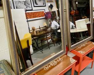 Pair of (54" x 42") Julian Schnabel silver studded beveled wall mirrors.