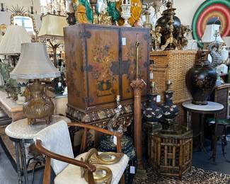 Pair of Vintage horseshoe teakwood armchairs; Handpainted Asian style cabinet; Iron end table with round eggshell top; and more