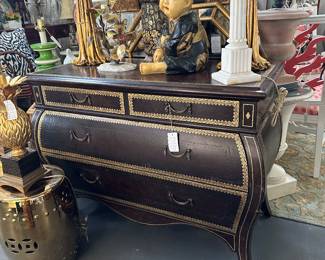 Maitland Smith tooled, leather clad bombe commode