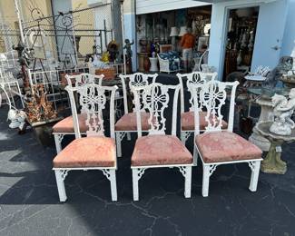 Set of six white painted Chinese Chippendale dining room chairs