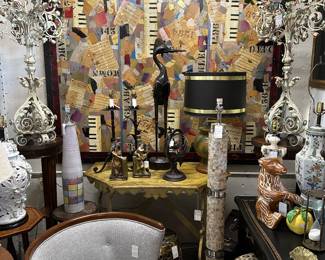 Mixed media, Monica Boone; Tesselated vintage floor lamp, Pair of 1950s barrel form bergere chairs; Painted Italian console table with faux top, and more