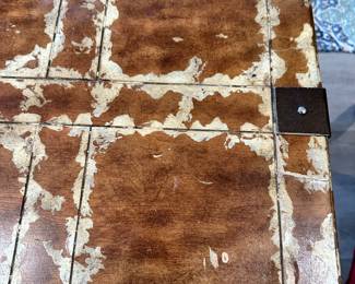 #14 - $80 - Side square table 23x23x24 decorative distress top on metal base 
