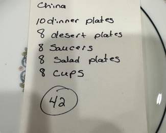 #43 - $300 - Wedgwood Runnymede W4472 bone china -10 dinner plate, 8 desert plates, 8 saucers, 8 salad plates, 8 cups