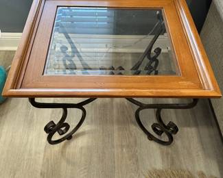 #5 - $250 - Pair of side tables glass/wood top wrought iron base 23Hx27Wx27D
