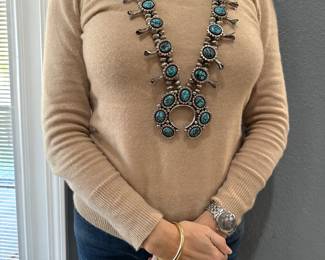 #69 - $850 - Sterling Navajo squash blossom large necklace 19" long overall - Kingman turquoise - pendant about 4"x4" - chain 30-32" unmarked