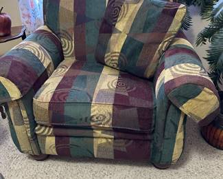 #88 - $90 -  Maroon/ green/ gold spiral dance arm chair 40wx34dx37h