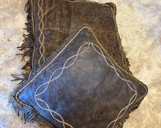 #45 - $80 - Handmade leather fringes pillows swede/leather double sided 
