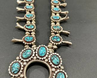 #69 - $850 - Sterling Navajo squash blossom large necklace 19" long overall - Kingman turquoise - pendant about 4"x4" - chain 30-32" unmarked

