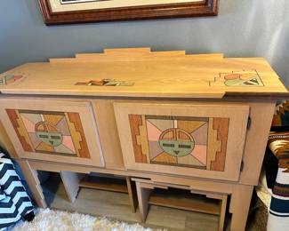 #47 - $2,000 -RESERVE ITEM 35% off only- Hand carved Hopi wood Sideboard by Rick Honyouti 43x 36Lx19D Najavo with 2 benches 18x23x13. American indian. 