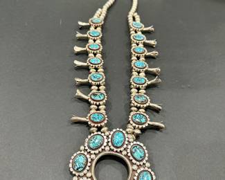 #69 - $850 - Sterling Navajo squash blossom large necklace 19" long overall - Kingman turquoise - pendant about 4"x4" - chain 30-32" unmarked