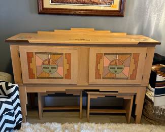 #47 - $2,000 - RESERVE ITEM 35% off only- Sideboard by Rick Honyouti 43x 36Lx19D Najavo with 2 benches 18x23x13