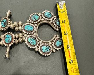 #69 - $850 - Sterling Navajo squash blossom large necklace 19" long overall - Kingman turquoise - pendant about 4"x4" - chain 30-32" unmarked