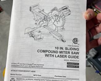 #104 - $100 - Kolbalt 10 in sliding compound miter saw with laser glide 20hx32wx21d