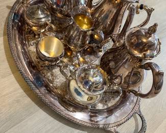 #53A - $150 - 10 piece sliver plated tea set - 3 tea pots - 1 tray - 2 creamers - 2 sugars