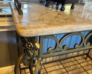#46 - $180 - Baker's rack cast iron and faux marble top 6Hx38Wx17D