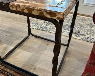 #14 - $80  - Side square table 23x23x24 decorative distress top on metal base 