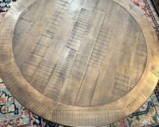 #18 - $70 - Round coffee table decorative wood style top on metal base 18x35D
