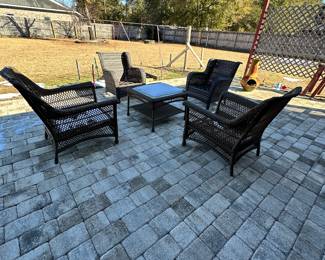 #113 - $ 250- 5 piece vinyl lawn chairs with cushions 35Hx29wx35d
