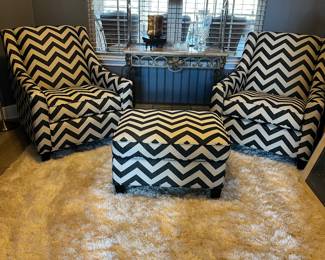 $44 - $400 - Cindy Crawford Home set of 2 zebra chairs 38x31x38 with 1 ottoman 18x29x22
