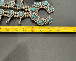 #69 - $850 - Sterling Navajo squash blossom large necklace 19" long overall - Kingman turquoise - pendant about 4"x4" - chain 30-32" unmarked